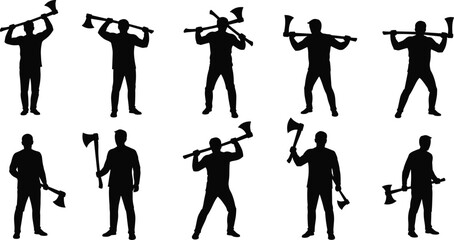 Silhouette people holding axes in various poses, weapon stance, black vector icons, dynamic human figures, combat concept, character design, posture illustration