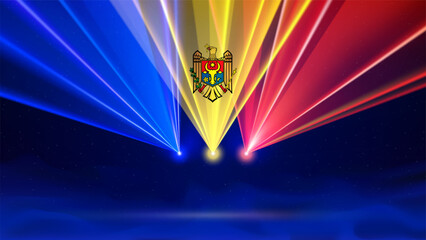 Flag of moldova. Laser show. Moldavian abstract national flag. Blue background. Multicolor template of banner, poster for national holiday moldova. Independence day. Place for text. Copy space. Vector