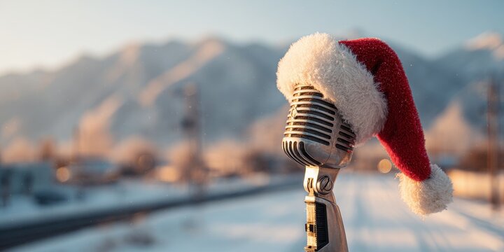 Winter Microphone. Vintage Microphone with Santa Hat in Christmas Celebration Winter Scenery - Powered by Adobe