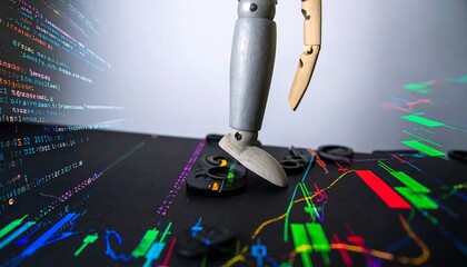 Wooden Manikin on Stock Chart with Code Overlay, Representing Algorithmic Trading