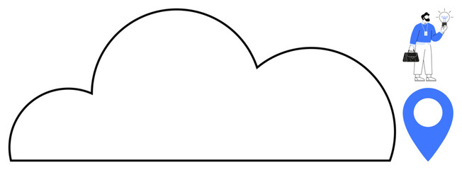 Cloud outline with a man holding light bulb denoting idea or innovation and a blue location marker. Ideal for technology, creativity, problem-solving, cloud computing, innovation, business strategy