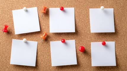 white blank post-it notes on a brown pin board. mockup template for design, ideal for reminders, office, planning, or communication concepts.