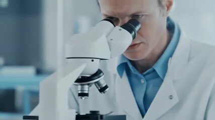 Close-up of scientist in lab coat using a microscope, wearing light blue gloves, focused intently on the eyepiece - Powered by Adobe