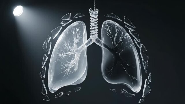 Artistic representation of human lungs with a shattered glass effect, highlighting respiratory anatomy.