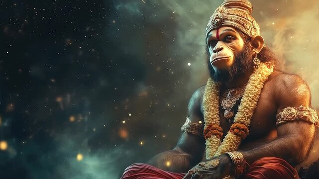 Monkeyfaced deity with crown jewelry garland seated against space backdrop