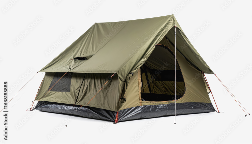 Poster survival tent setup isolated on white background with copy space for text featuring essential outdoo