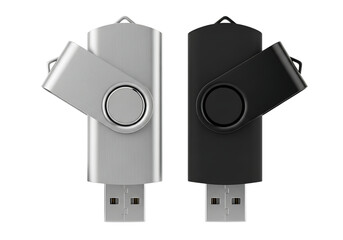 Obraz premium Two usb flash drives, one silver and one black, isolated on transparent background