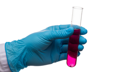 Hand in glove holding test tube with liquid png isolated on transparent background