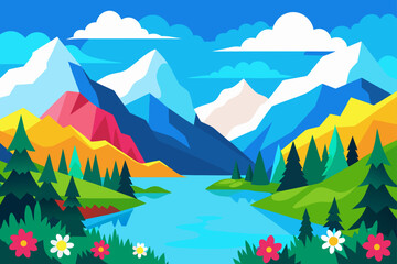 Fototapeta premium Vibrant geometric mountain landscape with lake and flowers