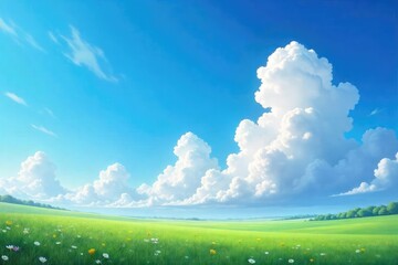 Obraz premium Fluffy white cumulus clouds drift lazily across a vibrant azure sky, creating a serene and peaceful landscape Perfect for backgrounds, travel, nature, or weather-related projects , aerial, clean