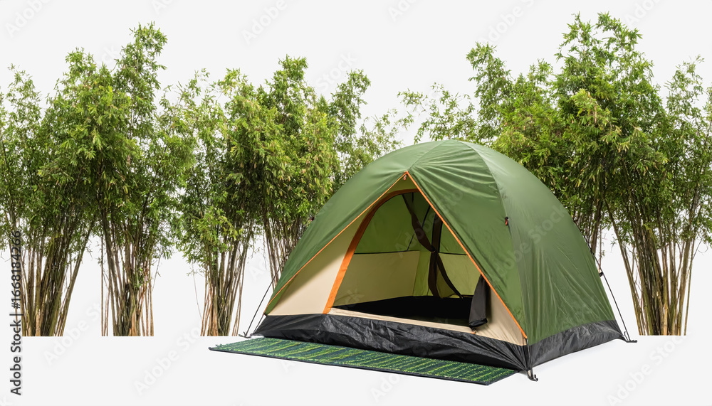 Poster tent set against a bamboo tree background in a serene camping environment featuring copy space for t