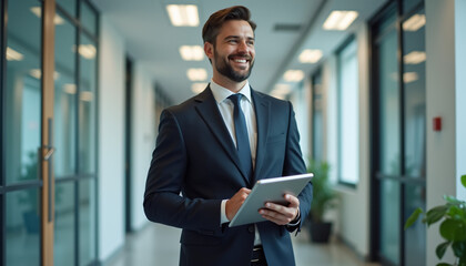 Fototapeta premium Smiling Businessman with Tablet in Office Hallway.