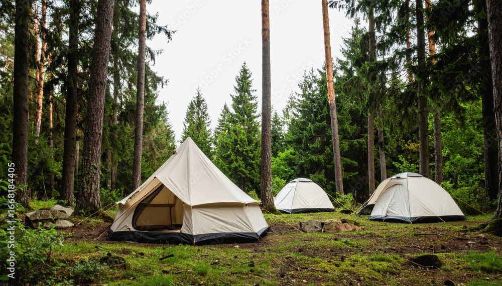 Poster a group of tents set in a mysterious forest providing a camping experience with copy space for text 