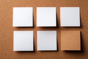 Fototapeta premium Empty white sticky notes arranged in two rows of three on a cork bulletin board, ideal for planning, reminders, or presentations.
