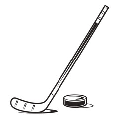 Classic black and white illustration of a hockey stick and puck on a white background