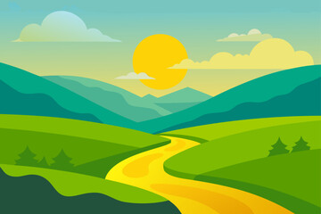 Obraz premium Vibrant sunny landscape with winding yellow river and green hills