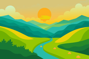 Obraz premium Vibrant landscape with winding river and rolling hills at sunset