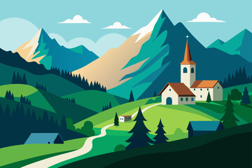 Idyllic alpine village with majestic snow capped mountains