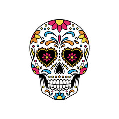 Detailed sugar skull illustration with black and pink floral decoration for Dia de los Muertos