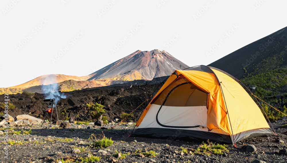 Poster tent positioned in front of a volcano ideal for camping with ample copy space on white background fo