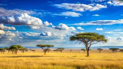 Golden savanna under a vibrant sky, scattered acacia trees dotting the sunlit grasslands, a picturesque landscape of vast plains and fluffy clouds