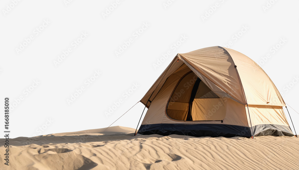 Poster beautiful tent set on sand dune in desert landscape with generous copy space for text on isolated wh
