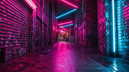 Empty urban alley with neon lights and graffiti walls - Powered by Adobe