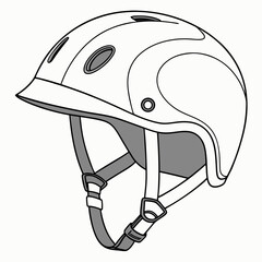 Stylized outline illustration of a protective bicycle helmet with straps and vents