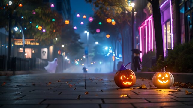 Spooky Halloween night street with glowing jack o lantern pumpkins, neon lights and festive decorations under misty sky