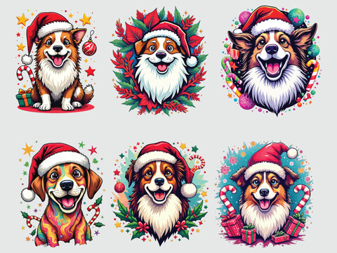 Art of cute corgis wearing santa hats for christmas