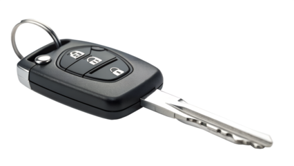 Modern car key fob with remote lock and unlock buttons, isolated on transparent background