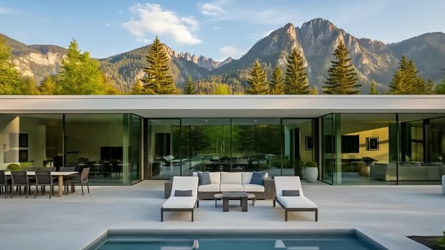 A modern, single-story house features large glass walls, blending seamlessly with its natural surroundings. The architecture includes a spacious patio with loungers beside an inviting swimming pool, r