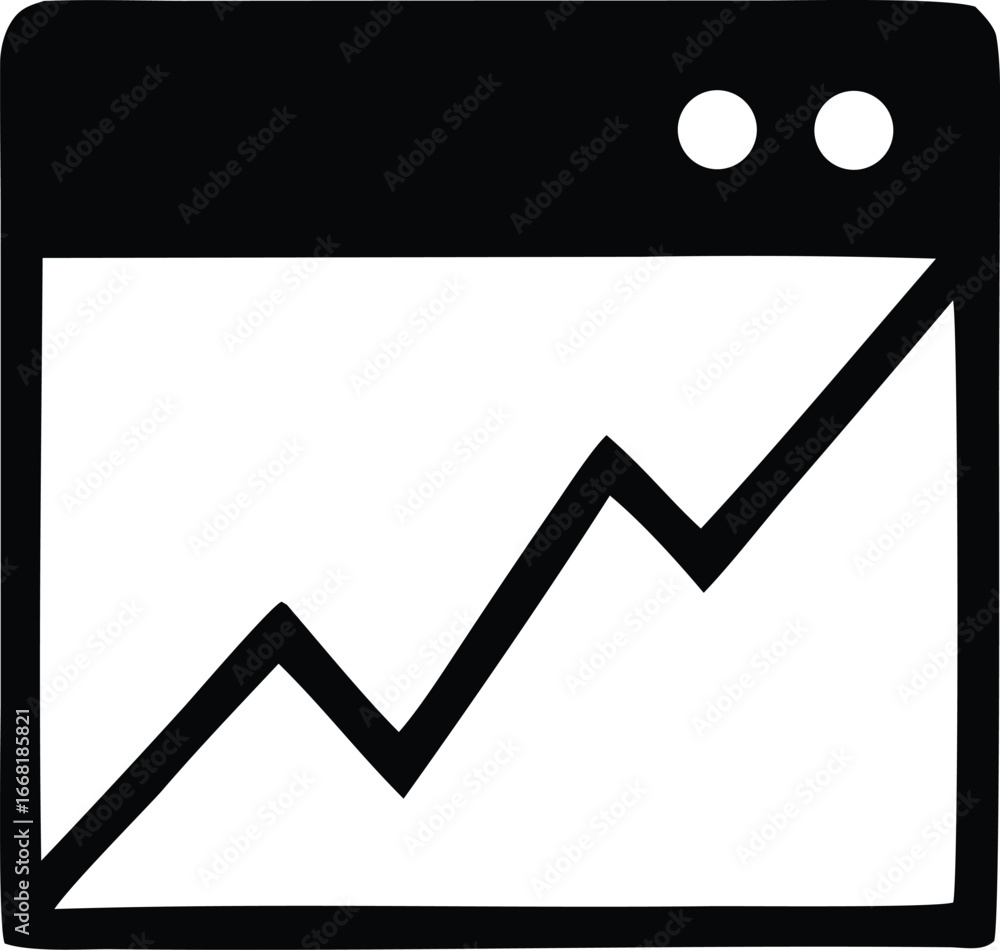 Poster simple black and white icon representing a growing financial chart displayed on a computer screen or