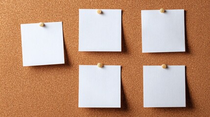 Fototapeta premium Empty white sticky notes arranged in two rows of three on a cork bulletin board, ideal for planning, reminders, or presentations.