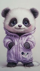 Fototapeta premium Cute cartoon illustration of playful panda cub wearing orange hoodie, showcasing large eyes and charming pose, perfect for children's designs and playful themes. baby of animal on white background.