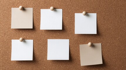 Empty white sticky notes arranged in two rows of three on a cork bulletin board, ideal for planning, reminders, or presentations.