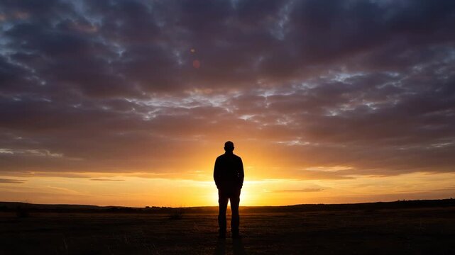Silhouette of man standing at sunset on open landscape