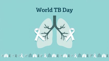 World TB Day poster featuring stylized white lungs with awareness ribbons on a teal field, promoting prevention, screening, and global respiratory health solidarity. Generative AI.