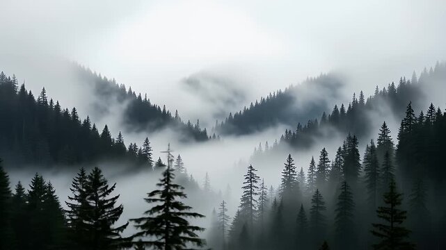 Dense pine forest shrouded in thick fog
