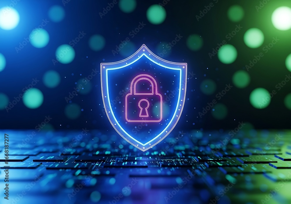 Poster cybersecurity concept a glowing shield icon with a padlock symbol sits atop a circuit board, represe