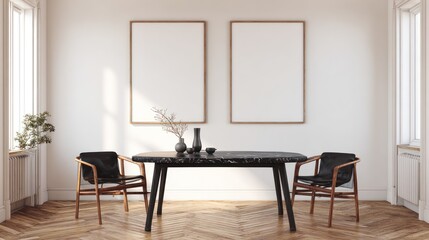 Modern dining area with blank art prints