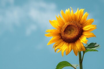 Obraz premium Vivid yellow sunflower in full bloom with a clean blue sky background symbolizing summer positivity and nature beauty.