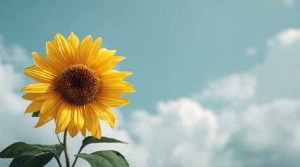 Vivid yellow sunflower in full bloom with a clean blue sky background symbolizing summer positivity and nature beauty.