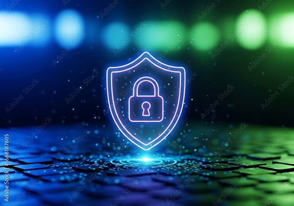 Poster digital security concept with a glowing neon padlock on a shield overlaying a computer keyboard with