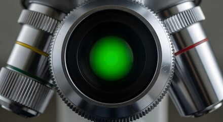 Microscope Shiny Metallic Lenses with Vivid Green Light Close-up
