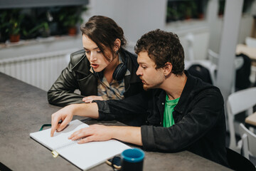 Two individuals are working together, collaborating on an open notebook in a casual, indoor cafe...