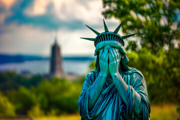 Statue of Liberty sadly fleeing New York