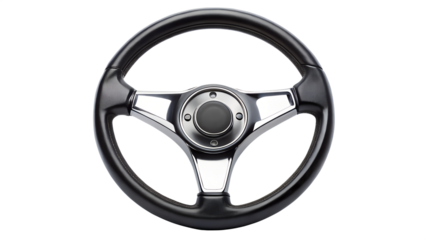 A black and chrome steering wheel isolated on a transparent background, representing automotive control and design