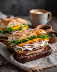 Turkey Focaccia Sandwich with Cheddar and Lettuce
