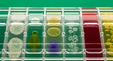 Colorful Scientific Slides with Microscopic Bacteria and Cells on Green Backdrop